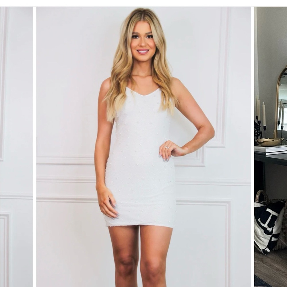 PEARL EMBELLISHED OPEN BACK DRESS: WHITE